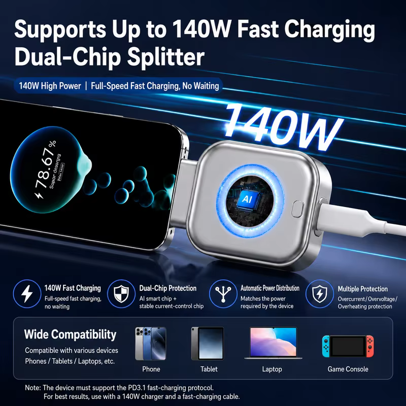 140W AI Smart Auto‑Disconnect USB‑C Charging Cable – Fast Charge, Battery Protection, Braided Durable Design - Image 2