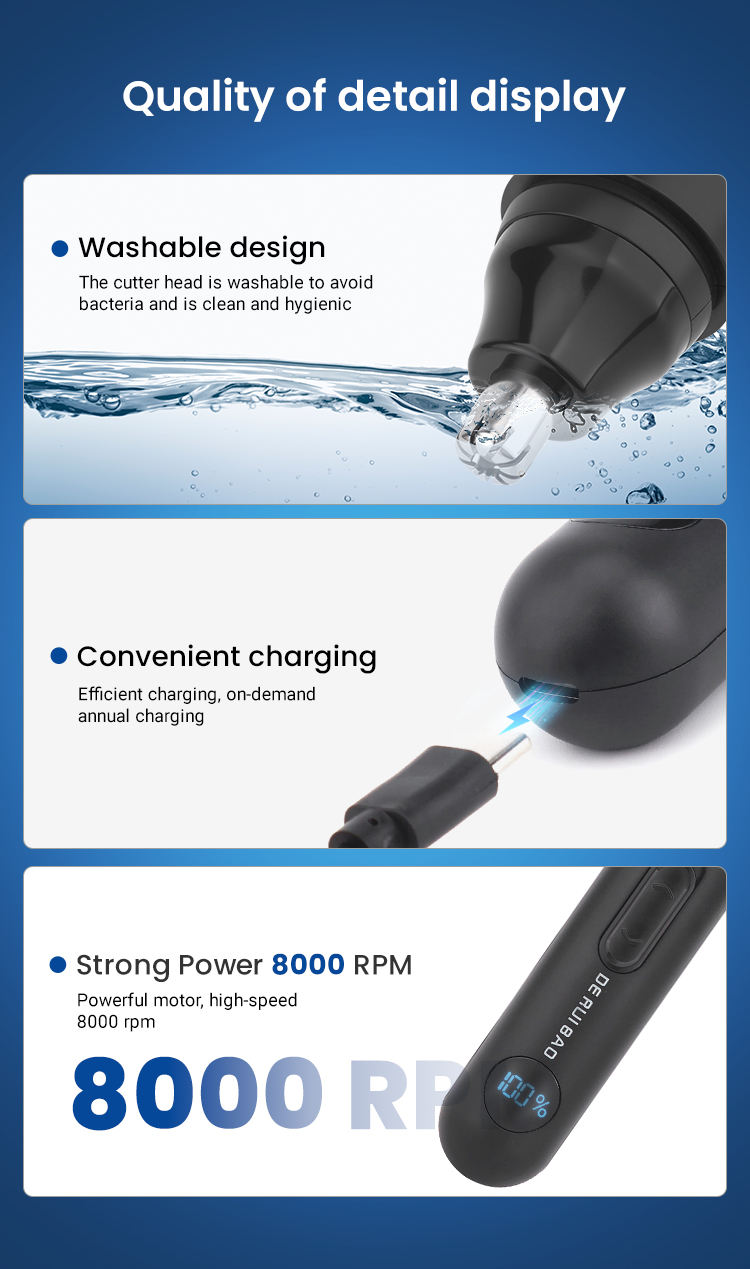 `Smart Electric Nasal Hair Trimmer – Washable Design, Convenient Charging, and 8000 RPM Power
