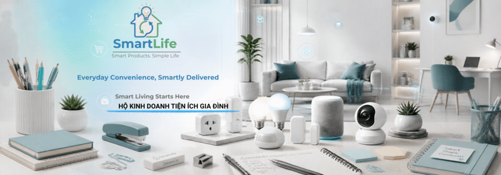 SmartLife VN products banner featuring stationery, office supplies, notebooks, pens, and workspace essentials
