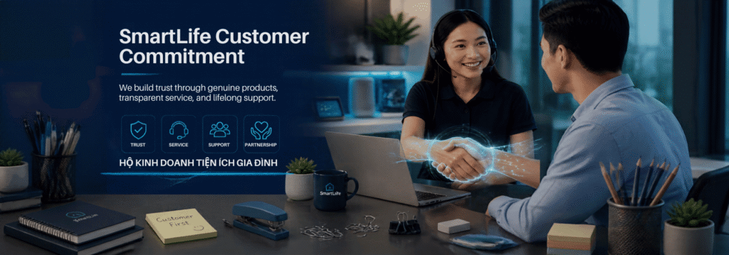 SmartLife VN customer support banner featuring a modern workspace and professional customer service environment